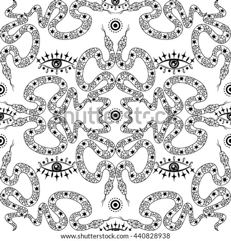 Seamless pattern with snakes and all seeing eye. Design in boho style in black and white. Hand drawn illustration for fashion, textile, fabrics, wrapping paper, material,  tiles, website wallpaper.