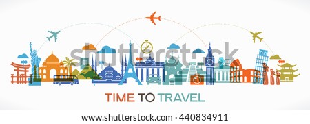 Travel background. Colorful template with icons tourism and landmarks.  Royalty-Free Stock Photo #440834911