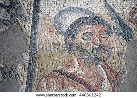 Ancient Roman Imperial floor mosaic from The Villa Romana Del Tellaro, Noto (Sicily). Odysseus's face. Date: 4th century AD