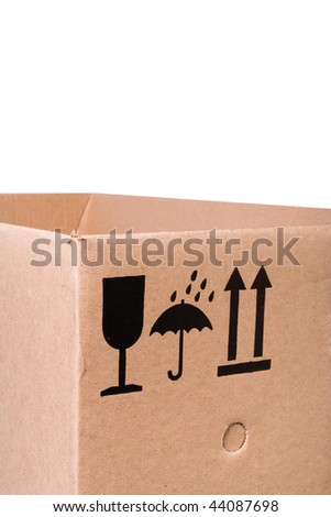 Cardboard box  with mail symbols, isolated on white background