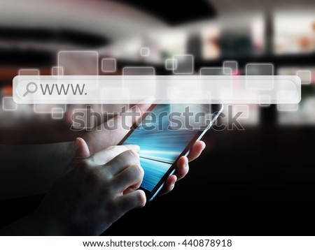 Man surfing on internet with digital tactile web address bar '3D rendering'