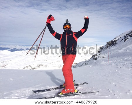 Europe, Italy, Alps. The mountain skier  be in raptures at mountain top.  