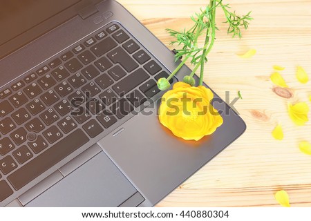 Laptop keyboard and yellow flower (buttercup)  on a wooden background. Technology and nature. Job and vacation ( holidays, weekend, rest ). Conceptual image. Toned colors   