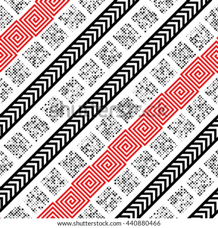 Seamless Diagonal Stripe, Square, Circle, Arrow and Dots Pattern. Vector Black and Red Patchwork Background. 
