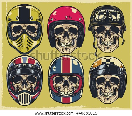 Set of hand drawing skulls wearing various of motorcycle helmet