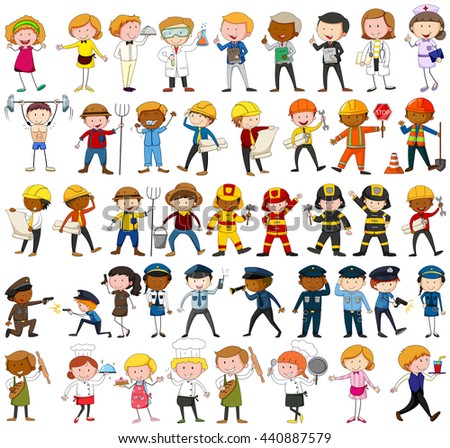 Many characters with different occupations illustration