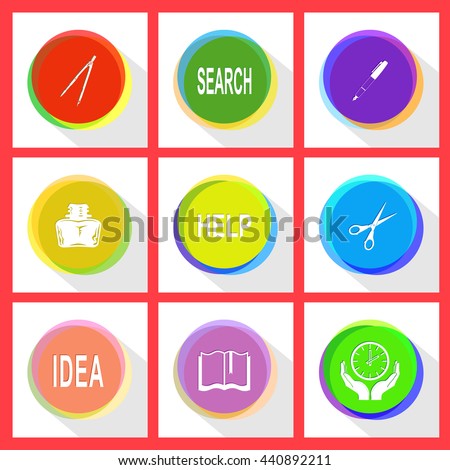 caliper, search, ink pen and pencil, inkstand, help, scissors, idea, book, clock in hands. Education set. Internet template. Vector icons.