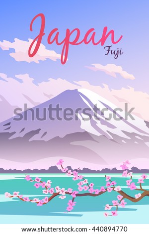 Vector retro poster. Mount Fuji in Japan. Flat design. Royalty-Free Stock Photo #440894770