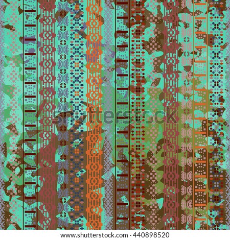 Distressed seamless pattern. Tribal art colorful print, brushed texture. Abstract background, watercolor paint spots