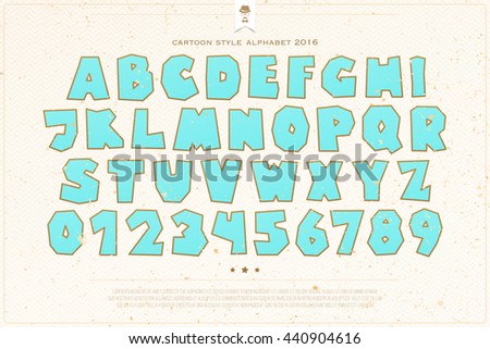 set of cartoon style alphabet letters and numbers over paper texture. vector, comic font type design. kids entertainment lettering icons. comical book text typesetting. animation typeface template