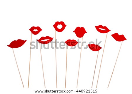 Photo booth props lips isolated on white background. Birthday and Party Set and wedding. Royalty-Free Stock Photo #440921515