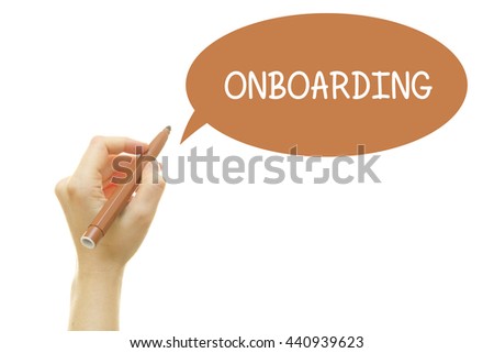Woman hand writing ONBOARDING with a marker isolated on white.