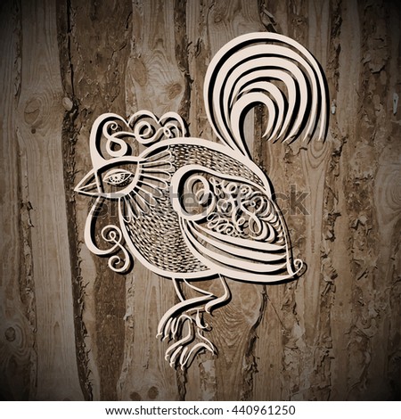 original line art rooster calligraphy drawing on wooden texture, symbol of 2017 new year, vector illustration