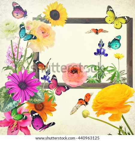 Colorful beautiful flowers and butterflies. Wooden frame with blank space for any text. Nature and art abstract. Old paper texture background. Toned colors