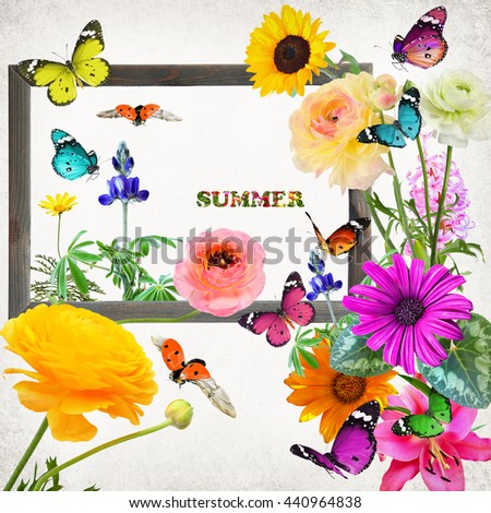 Colorful beautiful flowers and butterflies. Wooden frame with blank space for any text. Word summer. Nature and art abstract. Old paper texture background. Vintage style image