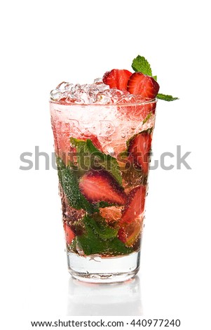 A glass of frozen strawberry Mojito cocktail on white background.