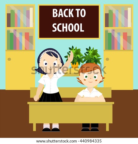 Back to school. The schoolgirl and the schoolboy behind a school Desk. Students in the classroom. Classroom vector illustration. School flat style