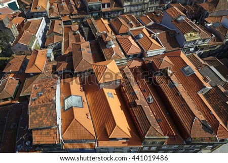 Elevated view of clay red rooftops in the centre of Porto, Portugal