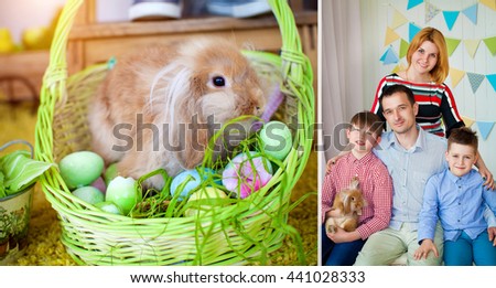 Beautiful young family together on the background  country house. Easter bunny in green wicker basket. Easter holiday. Background, closeup, macro