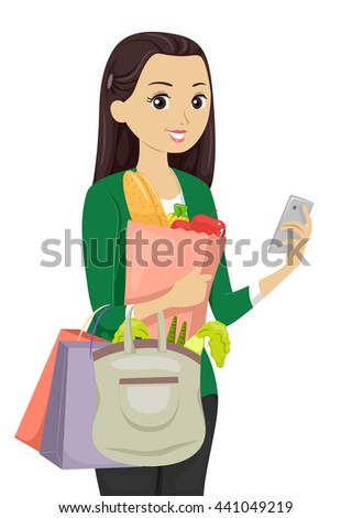 Illustration of a Teenage Girl Using a Shopping App While Buying Groceries