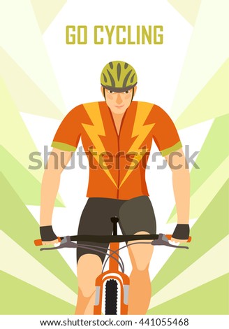 Racing cyclist in action poster.Mountain biker on decorative dynamic background. Editable vector illustration. 