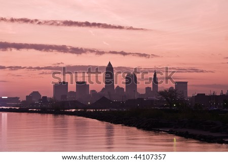 Silhouette of Downtown Cleveland - seen early morning.