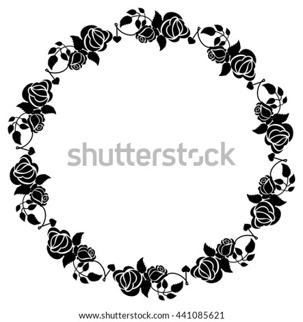 Round black and white frame with roses silhouettes. Vector clip art.