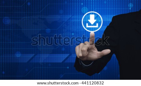 Businessman pressing button web download icon over digital world map technology style, Elements of this image furnished by NASA