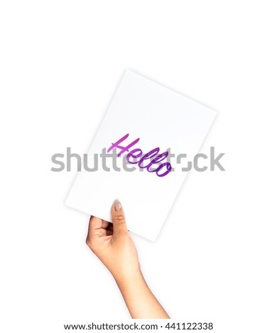 Hello on card with hand holding isolated, with clipping path