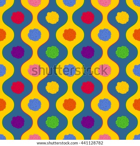 Cheerful bright print of bud carnations painted in the style of a Mexican street art. Seamless pattern.
 Colourful vector 