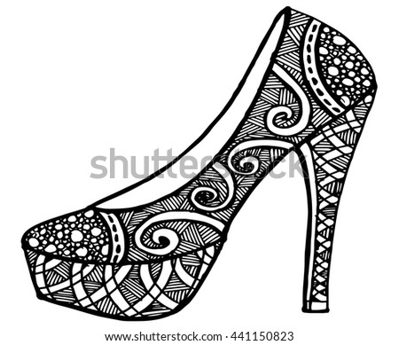 Hand drawn outline ornamental high heel shoe illustration