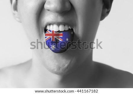 Australia flag painted in tongue of a man - indicating English language and Australian accent speaking in Black and White