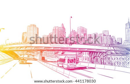 New York City hand drawn unique perspectives, vector illustration
