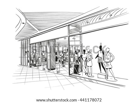 Fashion store hand drawn sketch interior design. Vector illustration Royalty-Free Stock Photo #441178072