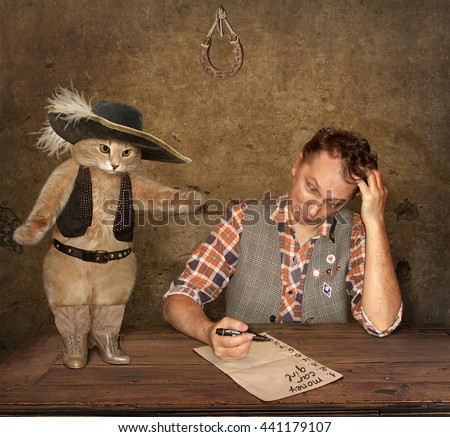 That is a picture of the tale Puss in Boots.The youngest son of the miller is writing  his wishes. His cat is going to execute all of them.