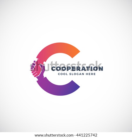 Cooperation Abstract Vector Sign, Symbol or Logo Template. Hand Shake Incorporated in Letter C Concept. Isolated. Royalty-Free Stock Photo #441225742