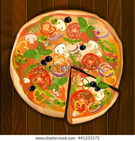 Pizza with mushroom and tomato, basil and olives with slice on wooden board isolated. Vector illustration.