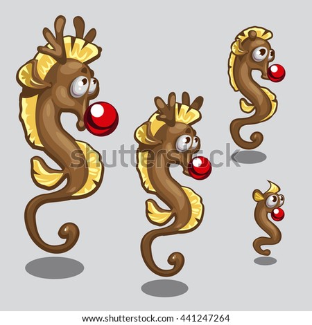 The growth stage of the seahorse, and growth of antlers isolated on a gray background. Cartoon vector close-up illustration.