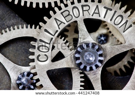 Macro photo of tooth wheel mechanism with COLLABORATION concept letters Royalty-Free Stock Photo #441247408