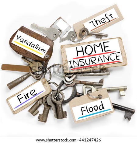 Photo of key bunch and paper tags with HOME INSURANCE conceptual words