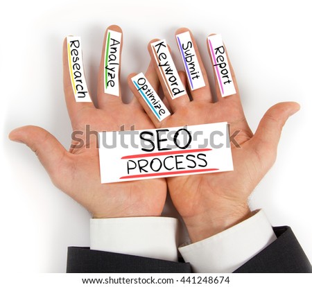 Photo of hands holding paper cards with SEO PROCESS concept words