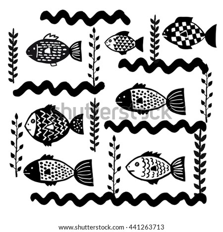Vector illustration of different kinds of Fish Silhouette drawn in in, algae and waves in black