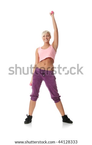 Young beautiful woman during fitness time and exercising with dumb-bell, isolated on white background