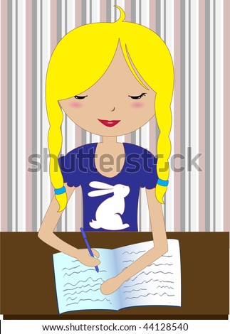 Vector Illustration of little girl sitting at a desk and writing