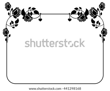 Horizontal black and white frame with roses silhouettes. Vector clip art.
