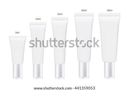 White cosmetic tube collection arranged in order of size from small to large. Container vector for a mock up isolated on white background.