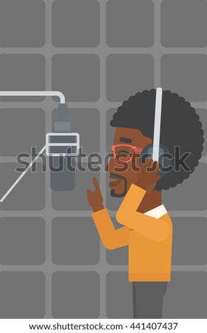 An african-american man in headphones making a record of his voice in studio vector flat design illustration. Vertical layout.