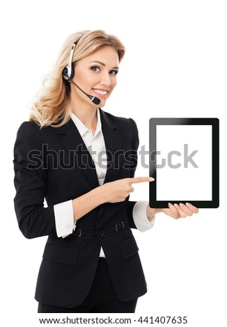 Portrait of support phone operator in headset showing blank no-name tablet pc monitor, with copyspace area for text or slogan, isolated against white background