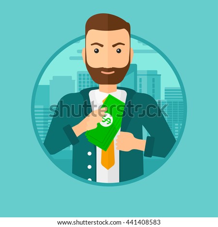A hipster man with the beard putting money in his pocket on a city background. Vector flat design illustration in the circle isolated on background.