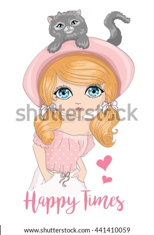 cute girl and cat vector design